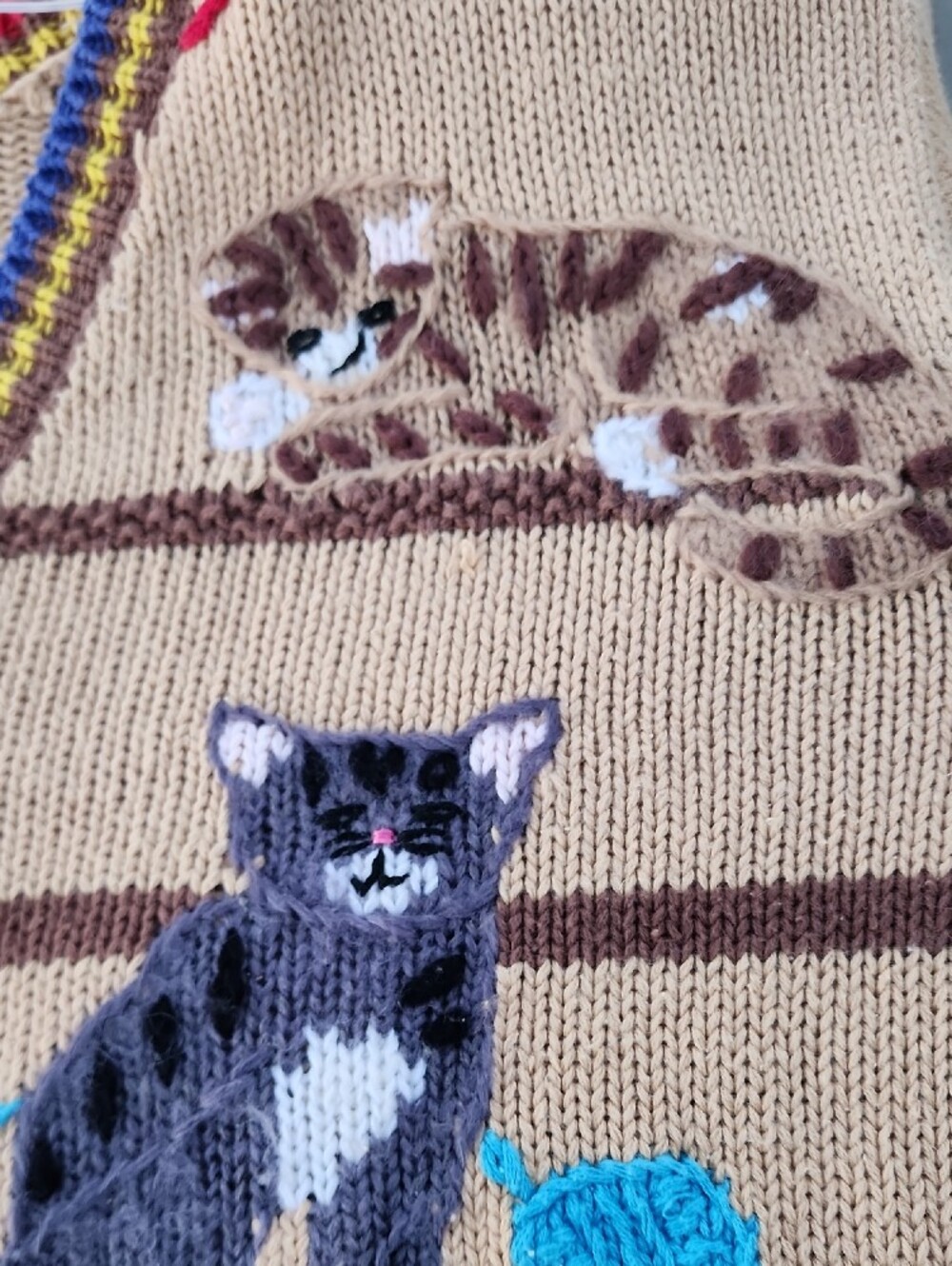 Storybook Knits Beige Cat Embroidered Cardigan with Multicolor Trim - Picture 9 of 16
